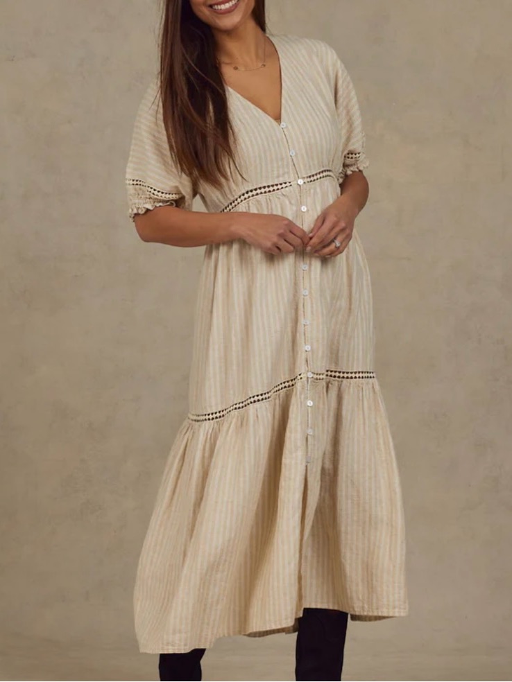 V-Neck Cream Striped Button-Front Midi Dress